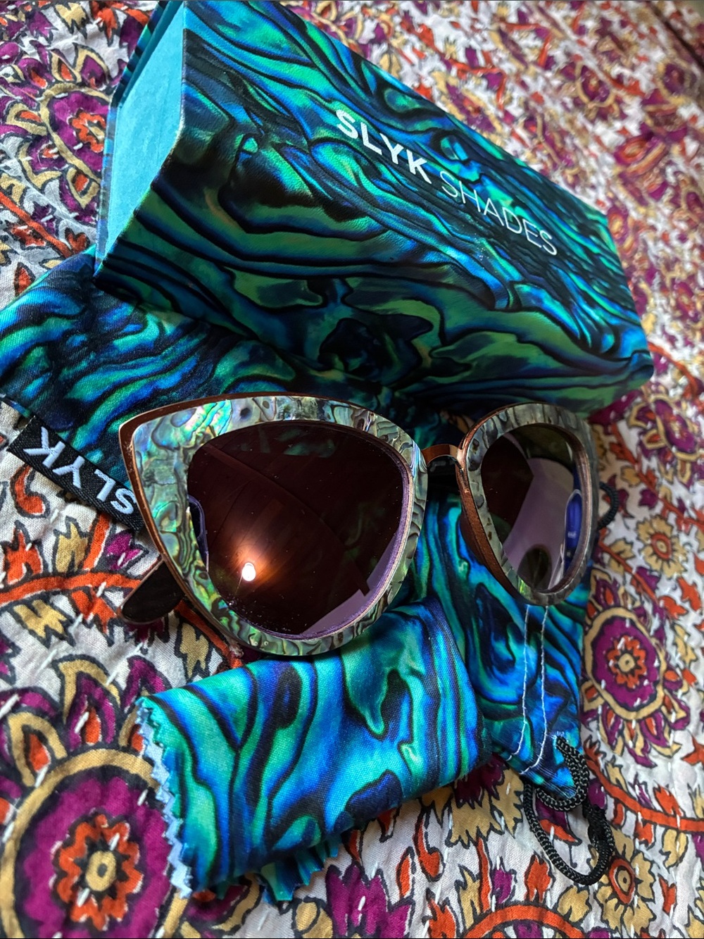 Slyk Shades Abalone-Inlay Cat Eye Sunglasses in Teal